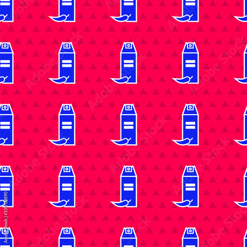 Blue Pepper spray icon isolated seamless pattern on red background. OC gas. Capsicum self defense aerosol. Vector Illustration