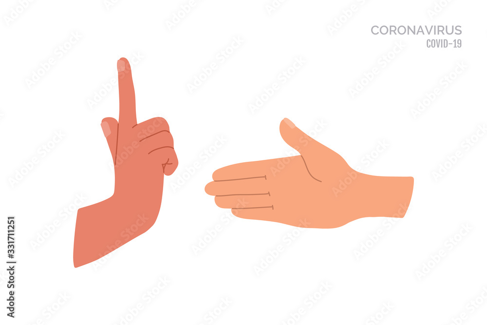 No handshake. Do not contact. Precautions and prevention of coronavirus disease. No physical contact. Warning, dangerous infection on hands. Flat cartoon colorful vector illustration. No handshake. Do not contact. Precautions and prevention of coronavirus disease. No physical contact. Warning, dangerous infection on hands. Flat cartoon colorful vector illustration.