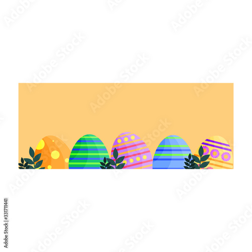This is flat happy Easter Day background. Cute vector banner with chick and Easter eggs on yellow background.