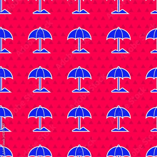 Blue Sun protective umbrella for beach icon isolated seamless pattern on red background. Large parasol for outdoor space. Beach umbrella. Vector Illustration
