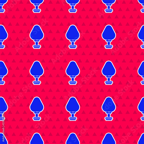 Blue Anal plug icon isolated seamless pattern on red background. Butt plug sign. Fetish accessory. Sex toy for men and woman. Vector Illustration