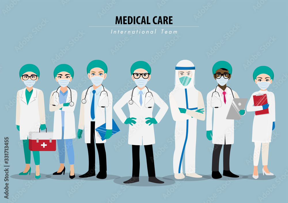 Cartoon character with professional doctors and nurses wearing protective suite and standing together to fight coronavirus flat icon design vector