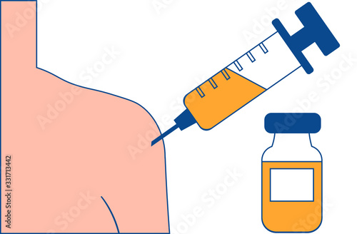 Vaccination icon. Flu shot. Polio, measles vaccine. Women's arm injection. Immunization. Tetanus vaccine procedure. Isolated vector illustration