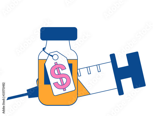 Vaccine price color icon. Medical vial with cost label. Pharmacy. Medications, drugs with dollar tag. Isolated vector illustration