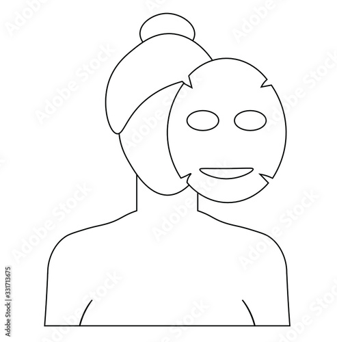 Applying sheet mask linear icon. Skincare procedure. Hydrogen mask. Facial beauty treatment. Cosmetics, makeup. Thin line illustration. Contour symbol. Vector isolated outline drawing.