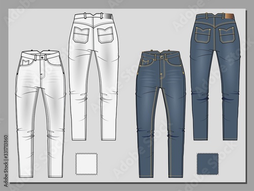 High waist jeans. Denim skinny jeans. Dark blue wash. Fashion flat illustration. Jeans template. 