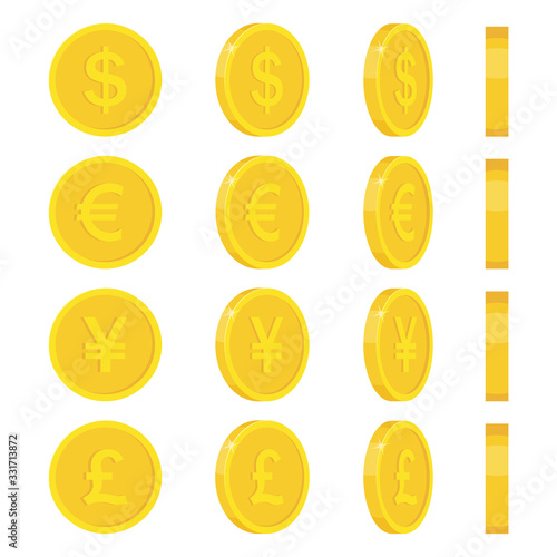 Gold coins icon. Coins with images of currencies of different countries - dollar, euro, pound sterling, Japanese Yen.