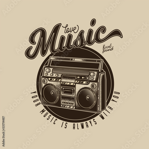 Original, monochrome, vector music emblem in retro style. Old cassette player. Boombox