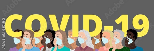 Large inscription covid-19, people of different nationalities in face masks. Coronavirus pandemic in the world. Vector illustration