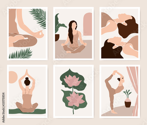 Abstract yoga exercise card set in minimalistic style.