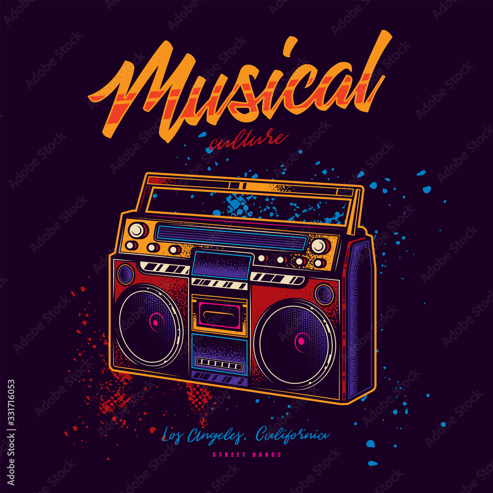 Stylish, original vector illustration in neon style. Old cassette ...