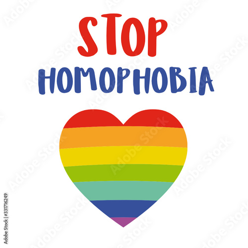 International Day Against Homophobia postcard with a rainbow sign. May 17, LGBTK concept. Flat design with handwritten lettering. Gays, lesbians, transgender people, queer minorities.