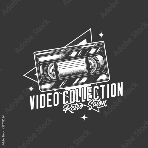 Original monochrome vector retro emblem. Old VHS videotape. T-shirt design