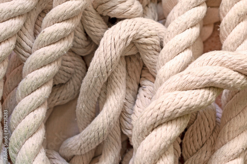 white rope lying on the floor, top view.