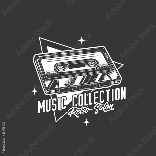 Original monochrome vector retro emblem. Vintage music cassette with magnetic tape. T-shirt design