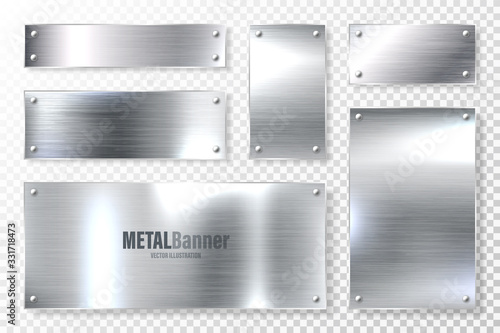 Realistic shiny metal banners set. Brushed steel plate. Polished silver metal surface. Vector illustration.