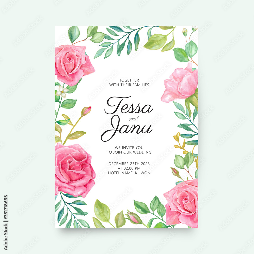 Hand painted roses and leaves watercolor wedding card template