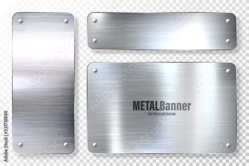 Realistic shiny metal banners set. Brushed steel plate. Polished silver metal surface. Vector illustration.
