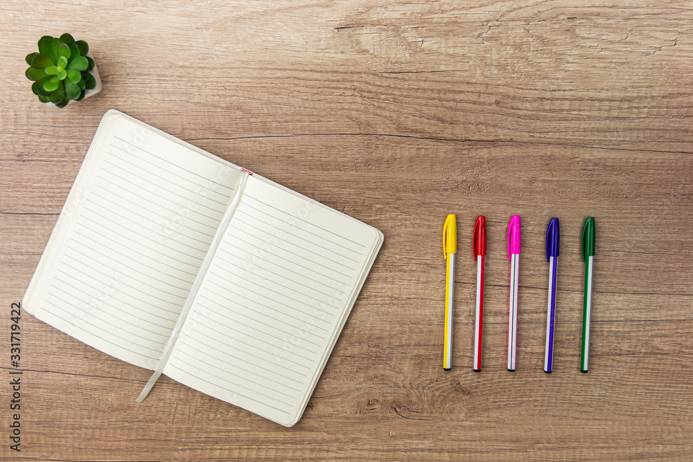 Obraz premium Notebook, multicolored pen and succulent on marble table. Copyspace