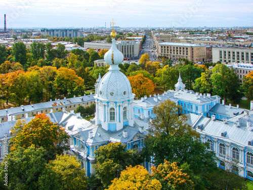 Northwest tower. The Church of Zachariah and Elizabeth at the Widow House and the Church of Alexander Nevsky at the Alexander Institute. View from above. Smolny Novodevichy Convent. St. Petersburg photo