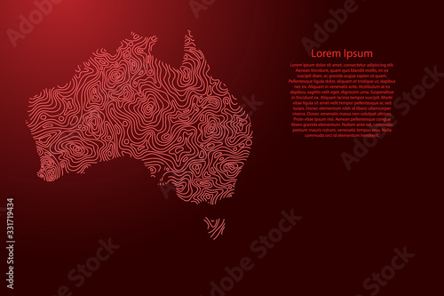 Australia map from red isolines or level line geographic topographic map grid. Vector illustration.
