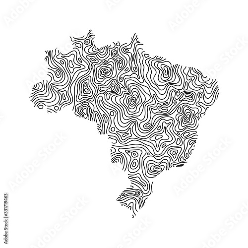 Brazil map from black isolines or level line geographic topographic map grid. Vector illustration.