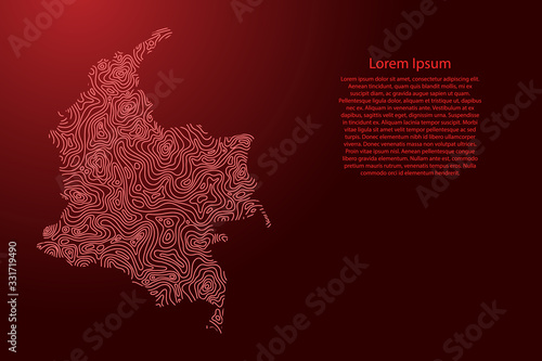 Colombia map from red isolines or level line geographic topographic map grid. Vector illustration.