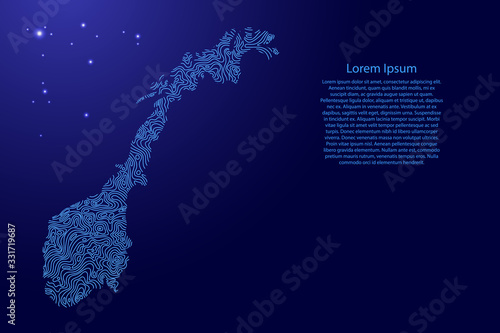 Norway map from blue isolines or level line geographic topographic map grid and glowing space stars. Vector illustration.