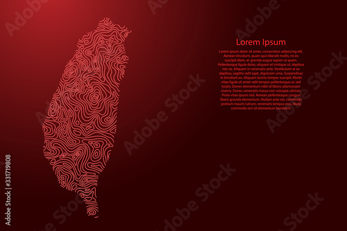 Taiwan map from red isolines or level line geographic topographic map grid and glowing space stars. Vector illustration.