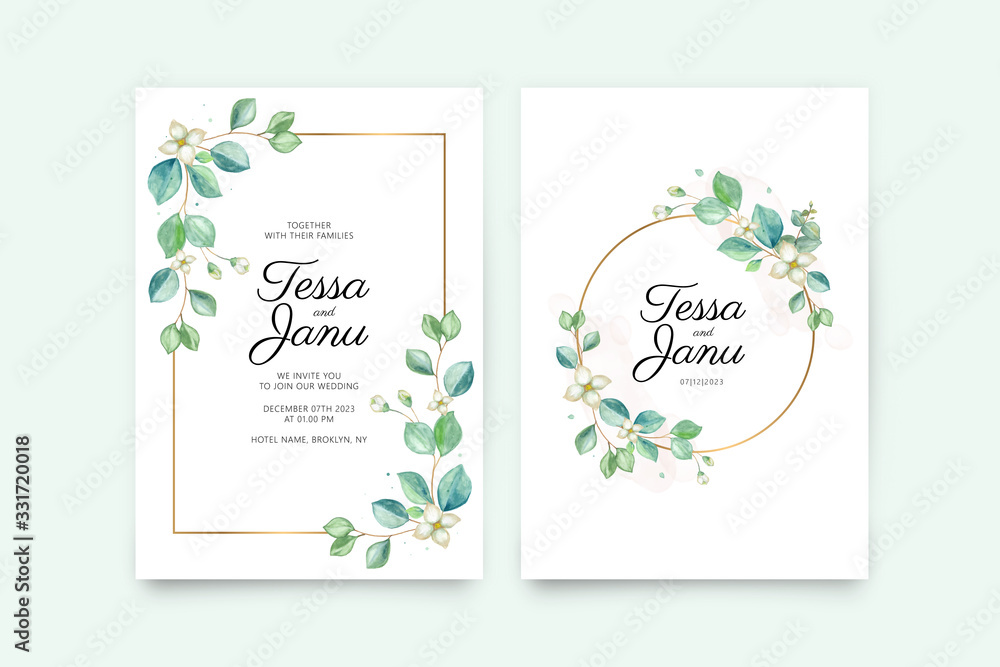 Wedding card template with leaves watercolor