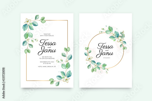 Wedding card template with leaves watercolor