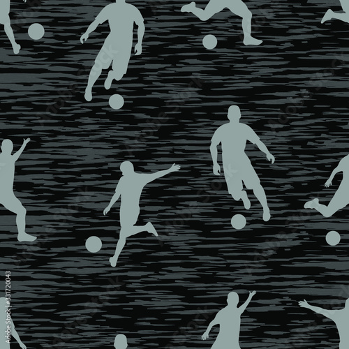 Football seamless pattern. Gray soccer players on grunge texture.