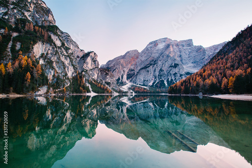 Amazing view of Lago di Braies (Pragser Wildsee), most beautiful lake in South Tirol, Dolomites mountains, Italy. Popular tourist attraction. Beautiful Europe. photo