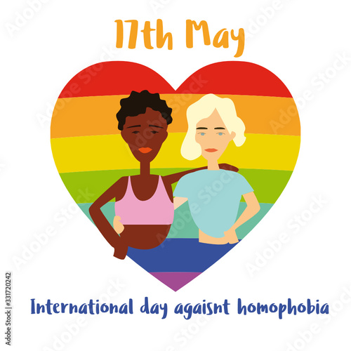 International Day Against Homophobia postcard with a rainbow sign. May 17, LGBTK concept. Flat design with handwritten lettering. Gays, lesbians, transgender people, queer minorities.