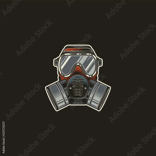 Chemical gas mask respirator with protective glass and filters in vintage style. Original vector illustration, icon in retro style.
