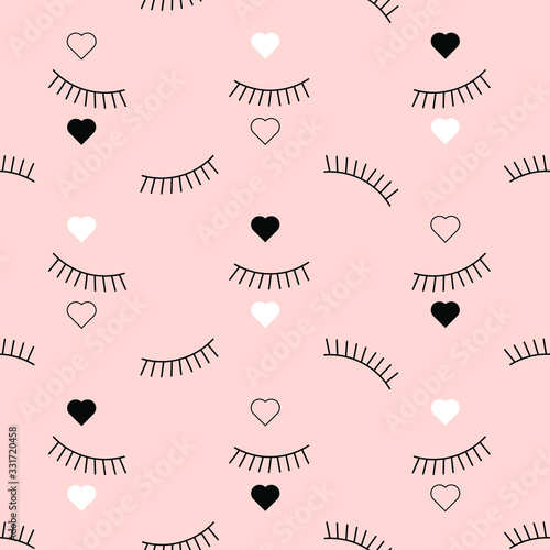 Seamless pattern with eyelashes and a heart on pink background.