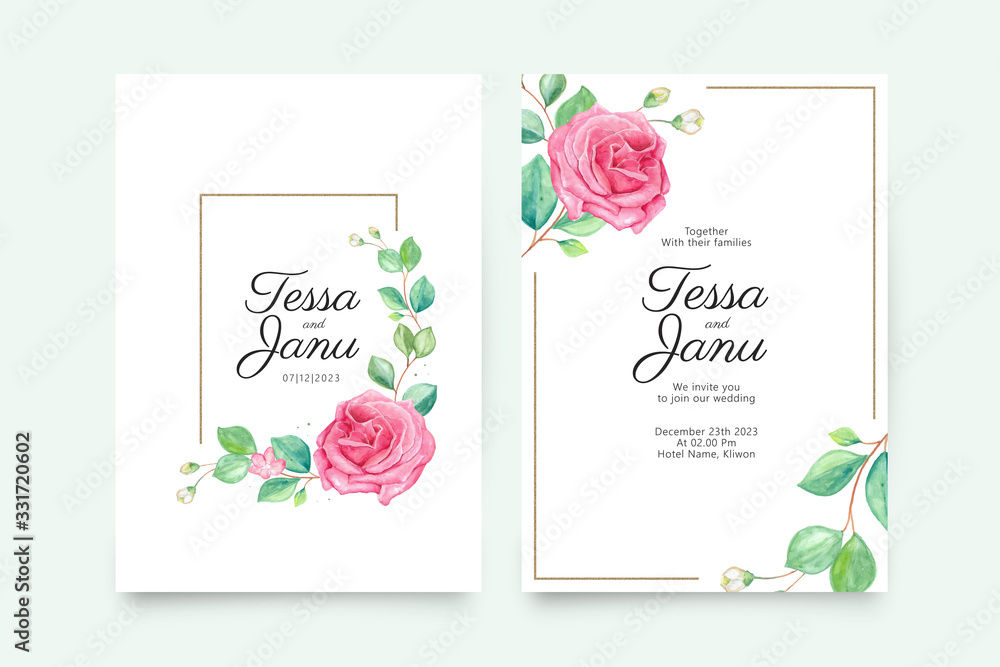 Wedding invitation template with hand painted rose flower watercolor