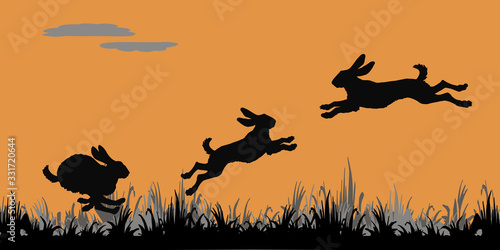 realistic black silhouettes of forest hares jumping on a field on an orange  background © Viktoria Suslova