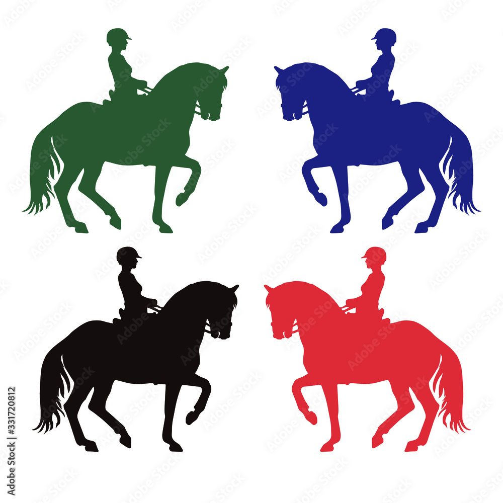 multicolored isolated silhouettes of a female rider on a Spanish horse, dressage multicolored isolated silhouettes of a female rider on a Spanish horse, dressage