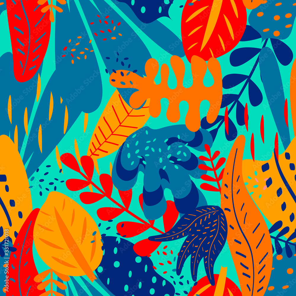 Plakat Multicolor tropical leaves background print, vector