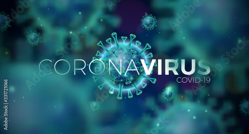 Covid-19. Coronavirus Outbreak Design with Virus Cell in Microscopic View on Blue Background. Vector Illustration Template on Dangerous SARS Epidemic Theme for Promotional Banner or Flyer.