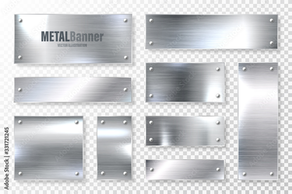 Realistic shiny metal banners set. Brushed steel plate. Polished silver metal surface. Vector illustration.