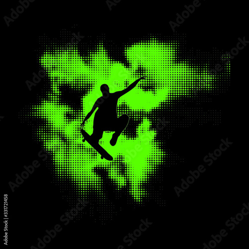 Vector illustration with man on skateboard. Green grunge background texture