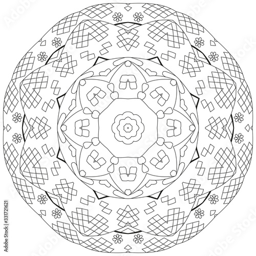 Hand drawn zentangle circular ornament for coloring page.