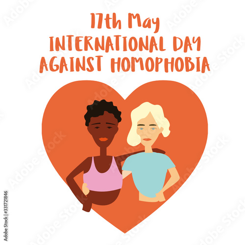 International Day Against Homophobia postcard with a rainbow sign. May 17, LGBTK concept. Flat design with handwritten lettering. Gays, lesbians, transgender people, queer minorities.