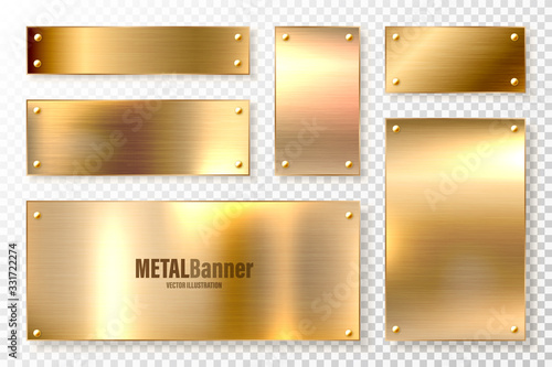 Realistic shiny metal banners set. Brushed steel plate. Polished copper metal surface. Vector illustration.