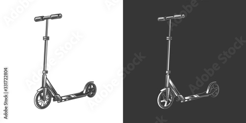 Original monochrome vector illustration. Street scooter in vintage style on white and black background.
