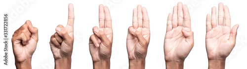 five fingers count signs isolated on white background with Clipping path included. Communication gestures concept