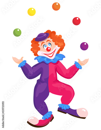 Clown juggling with colorful balls. Funny character in cartoon style isolated on white background.