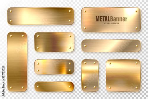 Realistic shiny metal banners set. Brushed steel plate. Polished copper metal surface. Vector illustration.